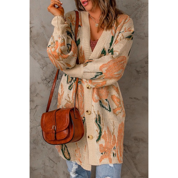 Floral Pattern Ribbed Trim Cardigan - Picture 4 of 5